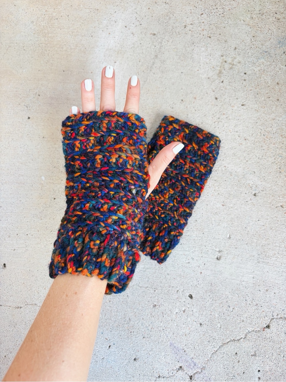 Handmade Crocheted Wool Fingerless Gloves in Navy with Warm Colors